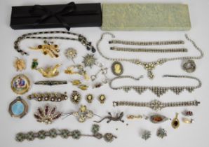 Diamanté necklaces and bracelets, two silver rings, Art Deco brooches, silver compact set with