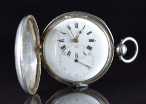 Carter of London silver full hunter pocket watch with overlapping dials, gold hands, black Roman and
