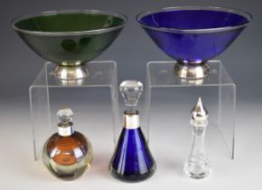 Pair of modern hallmarked silver mounted glass bowls, one green and one blue, together with three