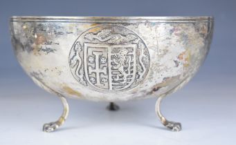 Austrian silver bowl with double headed eagle and other heraldic decoration, raised on three lion