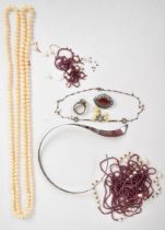 A silver choker, silver brooch and silver Suarti ring set with an opal triplet, a pearl necklace,