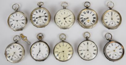 Ten silver open faced pocket watches including Ford & Galloway Ltd, largest case diameter 50mm.