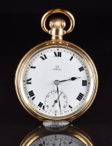 Omega gold plated keyless winding open faced pocket watch with subsidiary seconds dial, blued hands,