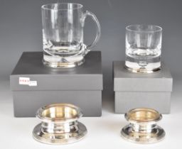 Four modern hallmarked silver and silver mounted items comprising glass tankard, glass vase or