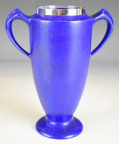 Art Deco hallmarked silver mounted blue pottery vase, the mount Birmingham 1924, maker S J Levi &