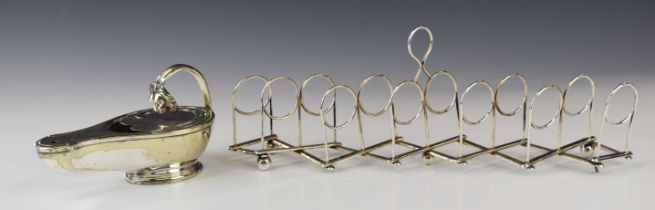 William Hutton & Son silver plated novelty folding toast rack, together with a silver plated ancient