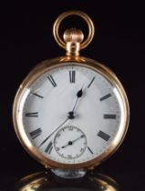 English 9ct gold keyless winding open faced pocket watch with inset subsidiary seconds dial, blued