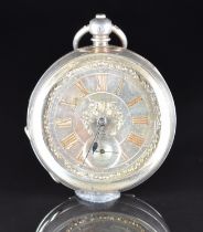 Unnamed silver open faced pocket watch with blued hands, gold Roman numerals, silver dial,