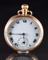 Swiss 9ct gold keyless winding open faced pocket watch with subsidiary seconds dial, blued hands,