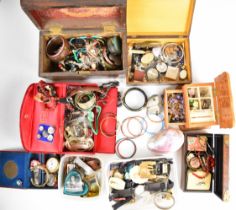 A collection of jewellery including silver earrings, three silver rings, watches, bangles, beads,