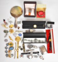 A collection of jewellery, some silver including bangle, mirror, two rings, cigarette case, brooch
