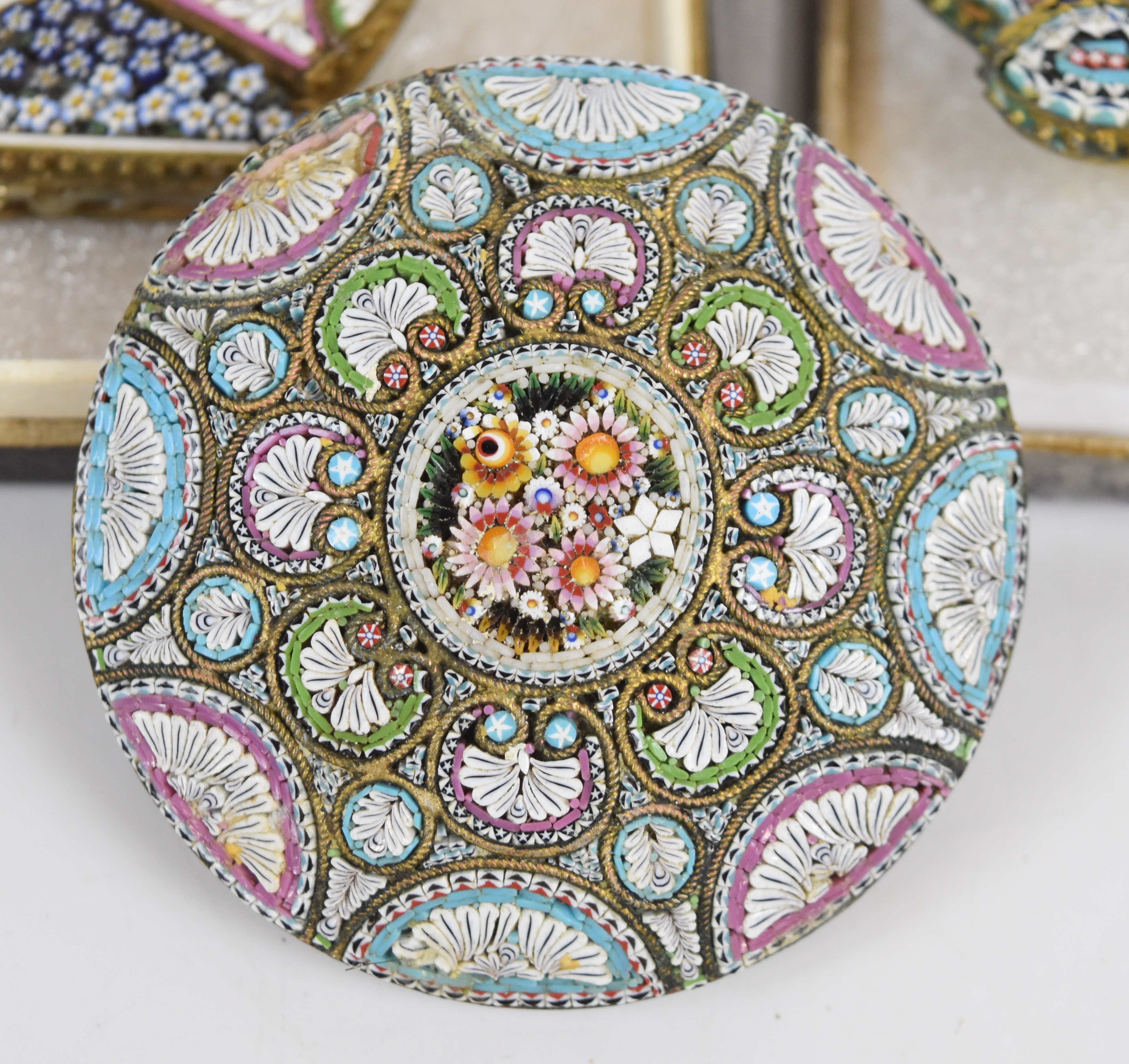 A 19thC micro mosaic circular panel (6cm), six 19thC micro mosaic buckle halves and seven micro - Image 4 of 8