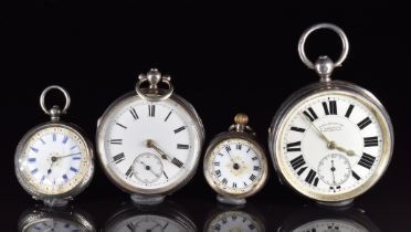 Four hallmarked silver open faced pocket watches including G Aaronson Manchester English Lever,