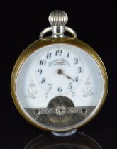 Hebdomas patent keyless winding open faced pocket watch with visible escapement, gold hands, black