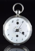 Unnamed silver open faced pocket watch with alarm, blued Breguet hands, black Arabic numerals, white