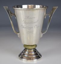 Art Deco hallmarked silver twin handled trophy cup with green marble or similar knop below the plain