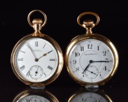 Two gold plated keyless winding open faced pocket watches comprising Waltham with inset subsidiary