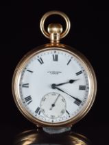 J W Benson 9ct gold keyless winding open faced pocket watch with subsidiary seconds dial, blued