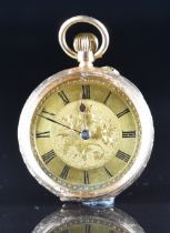 Unnamed 9ct gold keyless winding open faced pocket watch with blued hands, black Roman numerals,