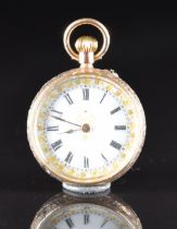 Unnamed 9ct gold keyless winding open faced pocket watch with gold hands, black Roman numerals, gilt