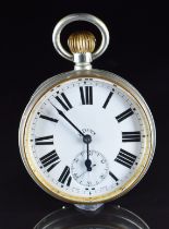 Swiss 'Goliath' nickel silver keyless winding open faced pocket watch with inset subsidiary