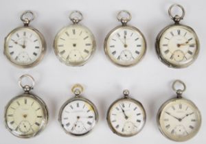 Eight hallmarked silver keyless winding open faced pocket watches comprising H Stone of Leeds, G J