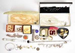 A collection of jewellery including two pairs of 9ct gold earrings (1.9g), Lotus 'pearls' with 9ct