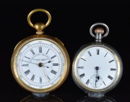 Two open faced pocket watches comprising a hallmarked silver keyless winding example and a gold