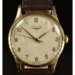 Longines 9ct gold gentleman's wristwatch ref. 13322 with gold hands and Arabic numerals, silver dial