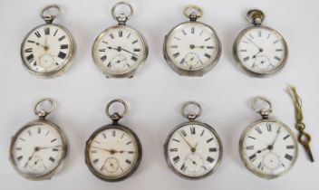 Eight hallmarked silver open faced pocket watches including T T Clarke of London and Goldsmith