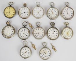 Twelve silver open faced pocket watches including continental examples, largest case diameter 53mm.