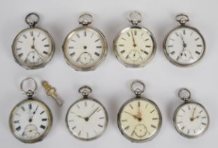 Eight hallmarked silver open faced pocket watches including J A Mercer of Enniskilben, G W Harvey of