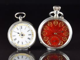 Two silver open faced pocket watches, one with subsidiary seconds dial, gold hands and Arabic