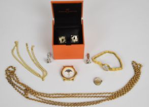 A 9ct gold curb link necklace (2.4g), two pairs of cufflinks, rolled gold chain and two watches