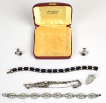 Art Deco bracelet, silver bracelet set with paste (Birmingham 1965), a pair of silver earrings and