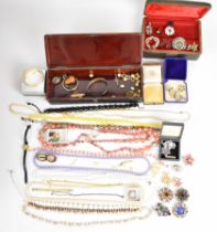 A collection of jewellery including silver bangle, silver brooch and silver ring, vintage boxes,