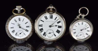 Three silver pocket watches comprising one hallmarked silver marked 'Improved Patent', one