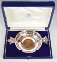 Robert Edgar Stone Edward VIII Asprey hallmarked silver commemorative twin handled dish, with Arts