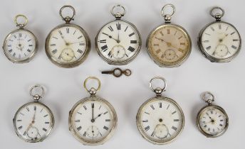 Nine hallmarked silver open faced pocket watches including Kendal & Dent, M Gordon of Wolverhampton,
