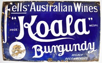 'Fells Australian Wines' blue enamelled advertising sign with 'Koala Medal Burgundy Highly