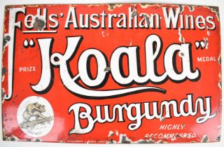 'Fells Australian Wines' red enamelled advertisin sign with 'Koala Medal Burgundy Highly