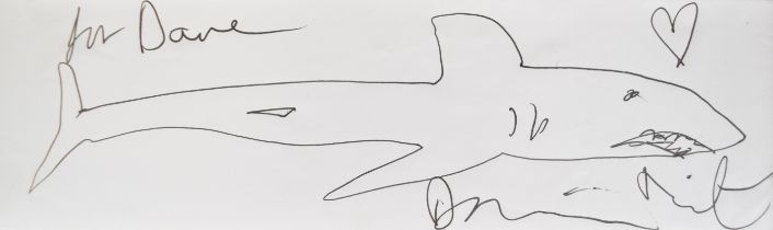 Damien Hirst autograph with pencil drawing of a shark with dedication 'To Dave', framed and