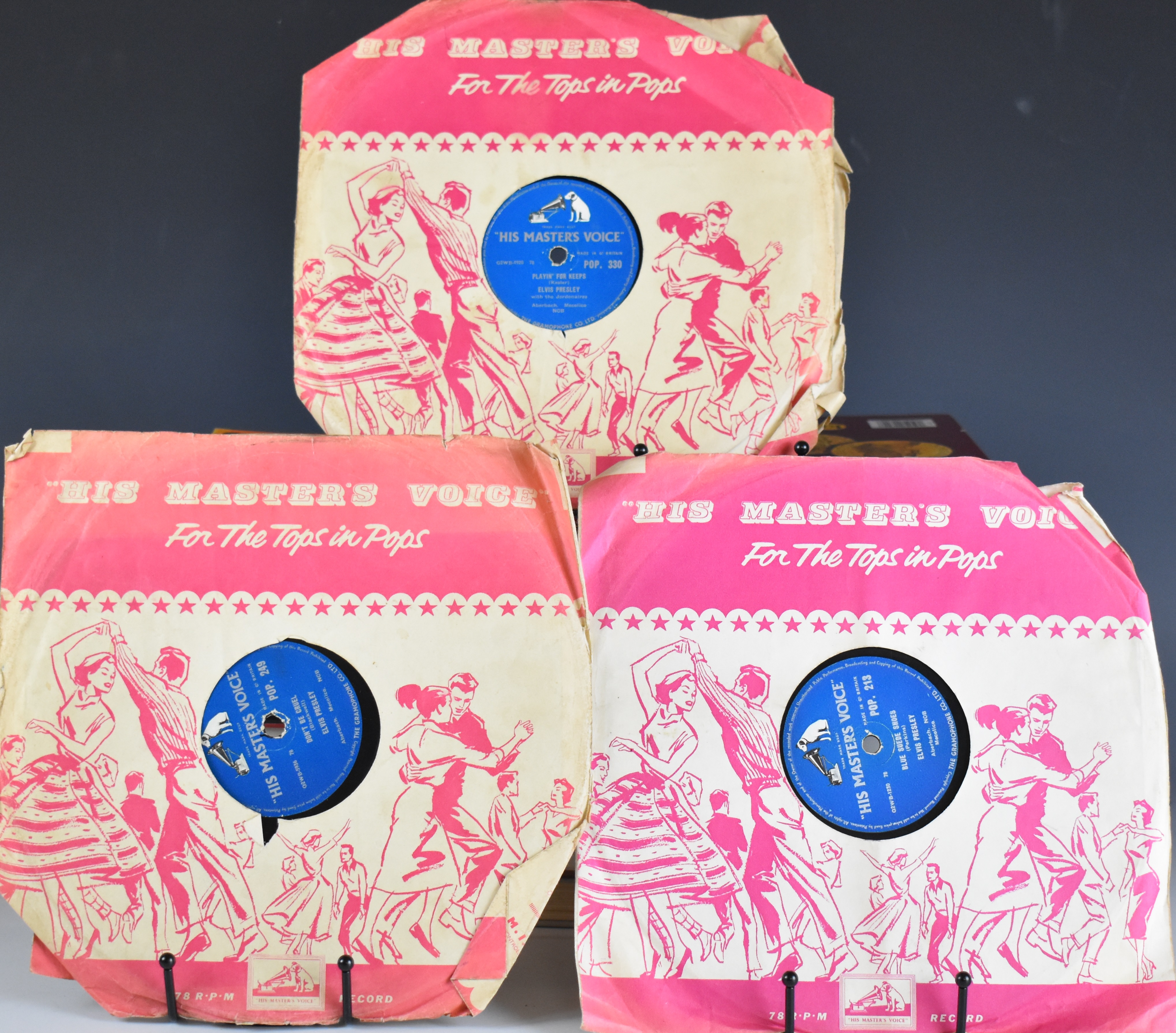 Three Elvis 78s on His Master's Voice comprising Blue Suede Shoes / Tutti Frutti (POP 2130, Don't Be