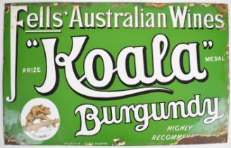 'Fells Australian Wines' green enamelled advertising sign with 'Koala Medal Burgundy Highly