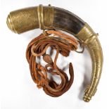 Horn and brass powder flask or horn with engraved decoration and rope hanger, 35cm tip to tip.