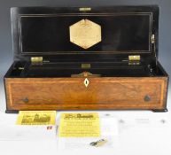 19thC ten air musical box with 41cm cylinder and 'Fabrique de Geneve' to original tune sheet, in