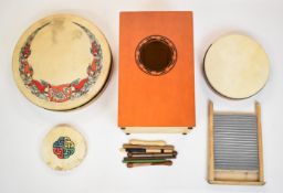 Performance Percussion Cajon drum, three Irish Bodhran drums and a metal faced washboard