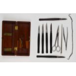 19thC surgeon's travelling set including scalpels, scissors and tweezers, named to lid to Dr