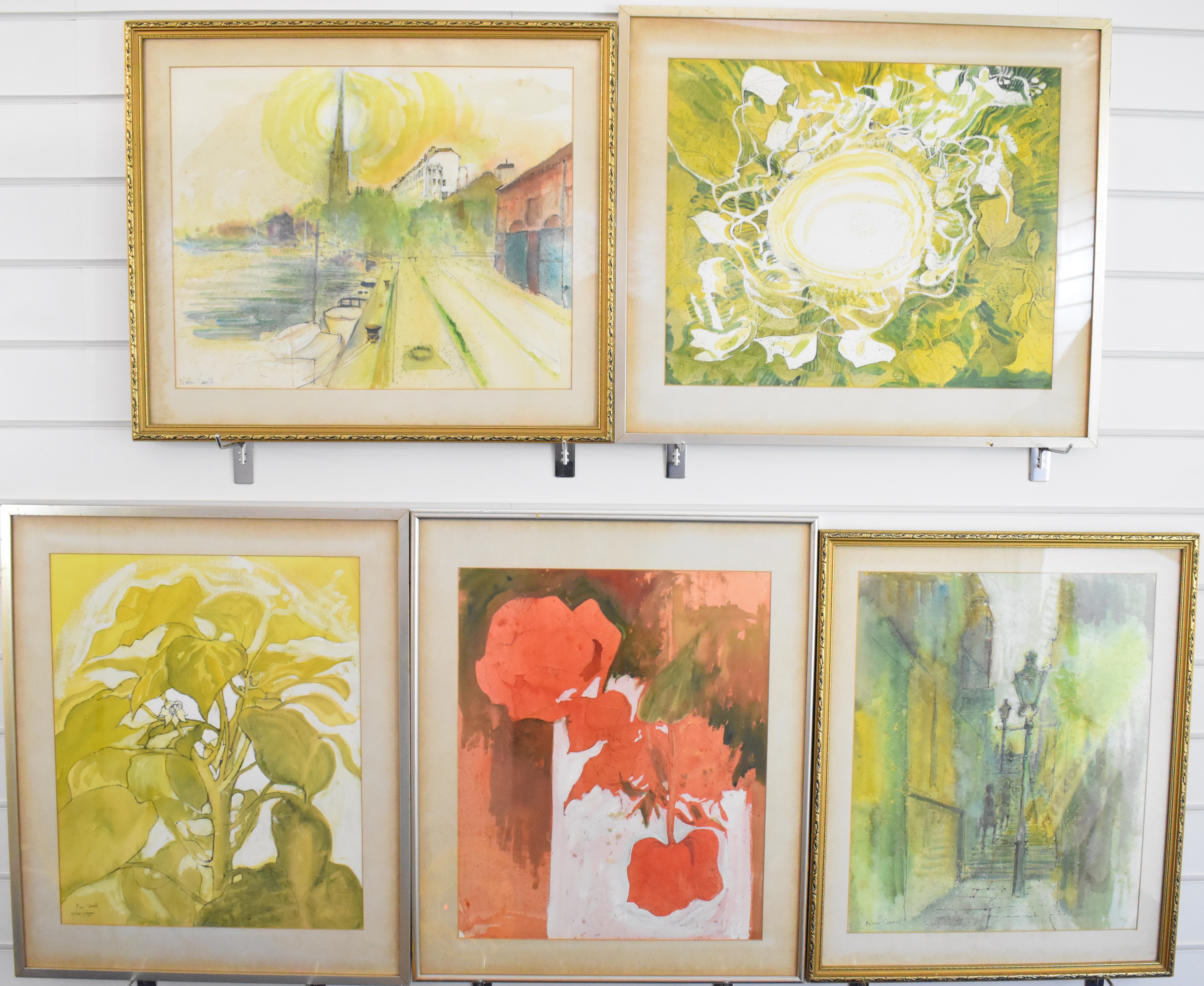 Nina Carroll (1932-1990) group of five watercolours, comprising three of vibrant plants one of which