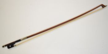 Steffen Kuhnla Pernambuco cello bow with faux ivory tip, ebony frog and mother of pearl inlay,